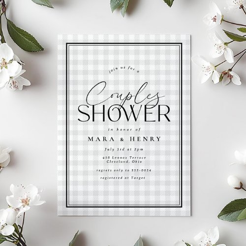White Gray Farmhouse Gingham Couples Bridal Shower Invitation