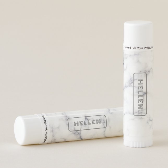 White & Gray Faux Marble Monogram. Lip Balm (Front)