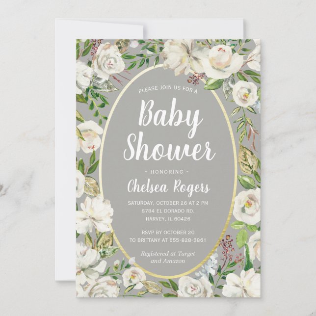 White Gray Floral Gender Neutral Chic Baby Shower Invitation (Front)