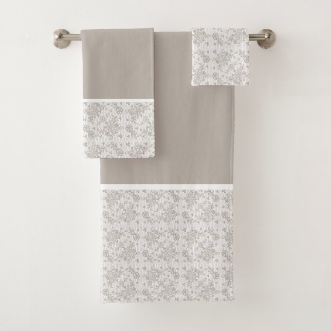 White & Gray Floral Lace Bath Towel Set (Insitu)