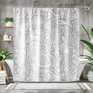 White & Gray Floral Paisley Lace Pattern Shower Curtain
