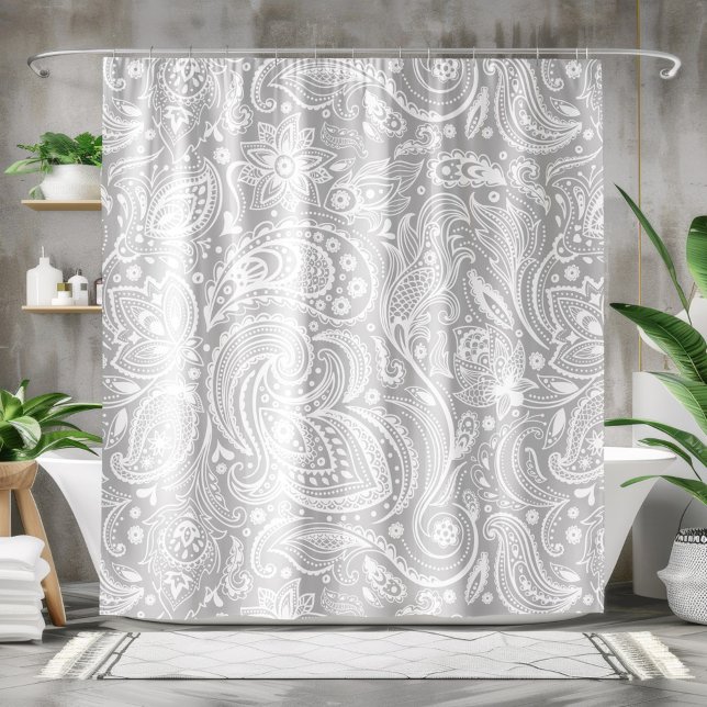 White & Gray Floral Paisley Lace Pattern Shower Curtain (Creator Uploaded)