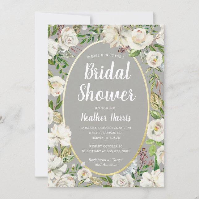 White Gray Floral Wreath Garden Bridal Shower Tea Invitation (Front)