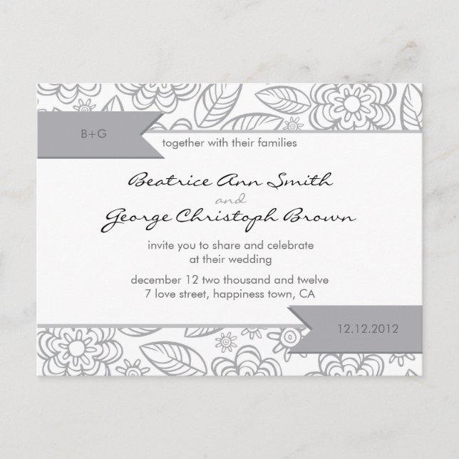 white & gray flowers pattern wedding invite (Front)