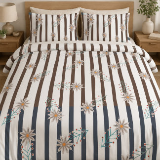 White &gray flowers with stripes pattern duvet cover