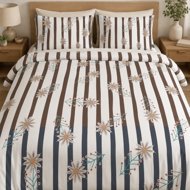 White &gray flowers with stripes pattern duvet cover (Creator Uploaded)