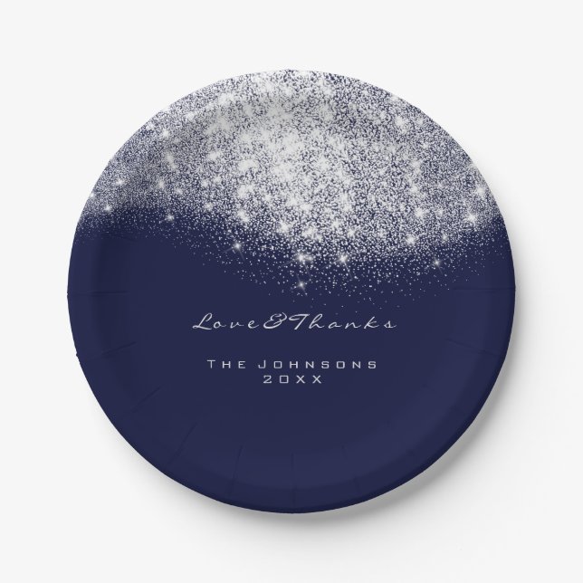 White Gray Glitter Birthday Blue Navy 16th Wedding Paper Plates (Front)