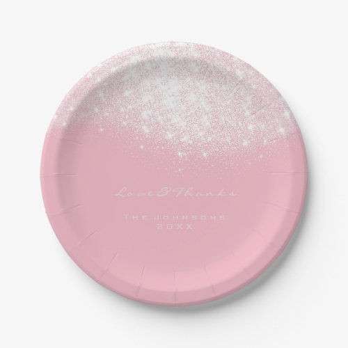 White Gray Glitter Birthday Pink Rose16th Wedding Paper Plates