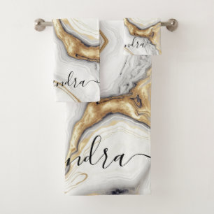 White Gray Gold Marble Elegant Modern Glam Bath Towel Set