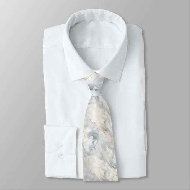  White Gray Gold Marble Swirl Wedding Formal Groom Neck Tie (Tied)