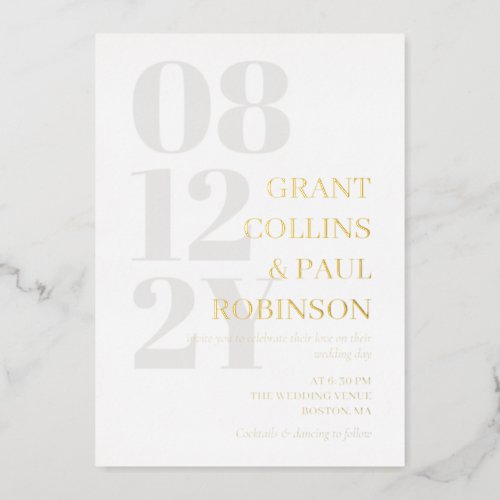 White Gray  Gold Typography Wedding Foil Invitation