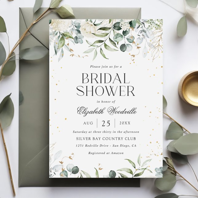 White Gray Green Floral Bridal Shower Invitation (Creator Uploaded)