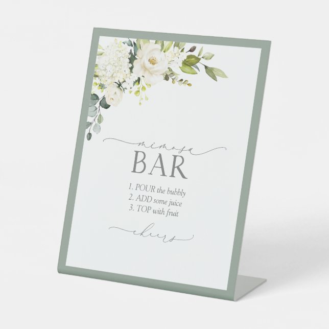 White Gray Green Floral Bridal Shower Mimosa Bar Pedestal Sign (Front)