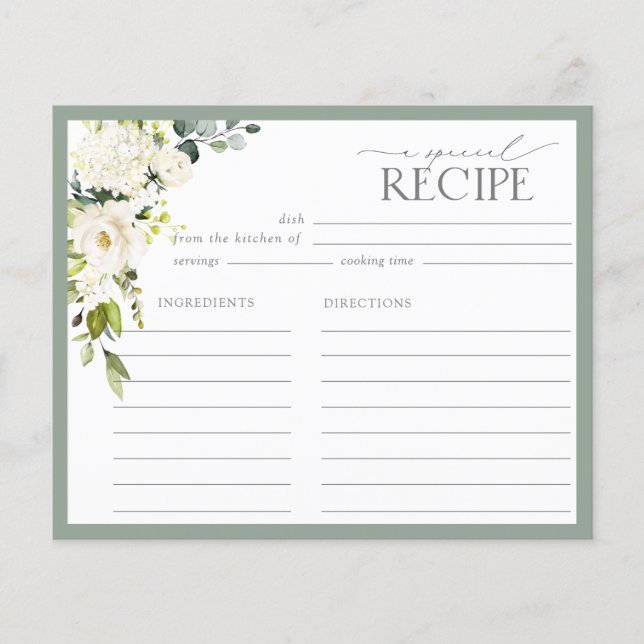 White Gray Green Floral Bridal Shower Recipe Card (Front)