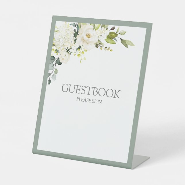 White Gray Green Floral Watercolor Guestbook Pedestal Sign (Front)