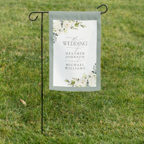 White Gray Green Floral Watercolor Script Wedding Garden Flag