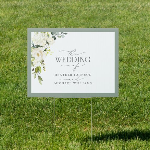 White Gray Green Floral Watercolor Script Wedding Sign