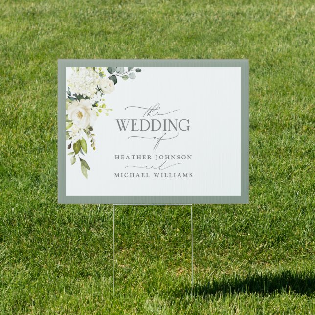 White Gray Green Floral Watercolor Script Wedding Sign (Insitu)