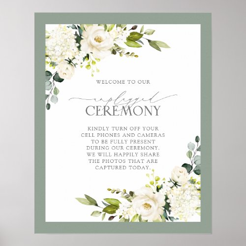 White Gray Green Floral Watercolor Unplugged Poster