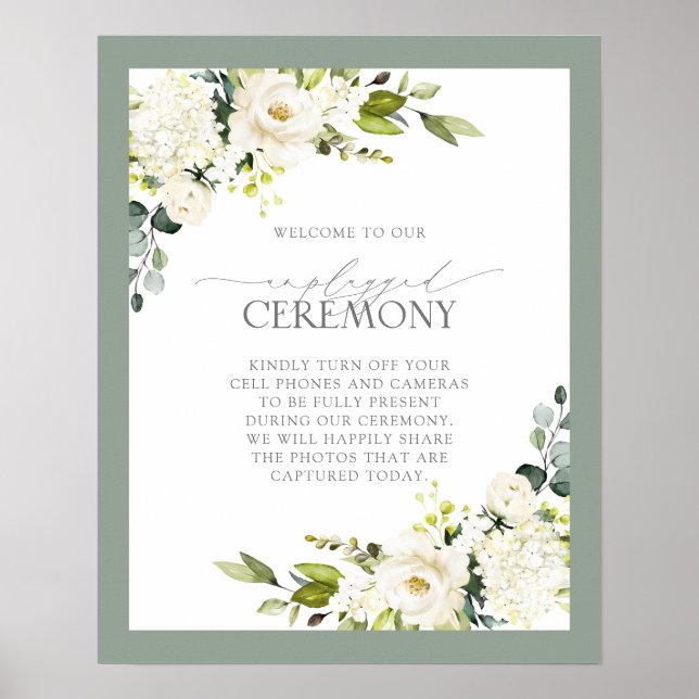 White Gray Green Floral Watercolor Unplugged Poster (Front)
