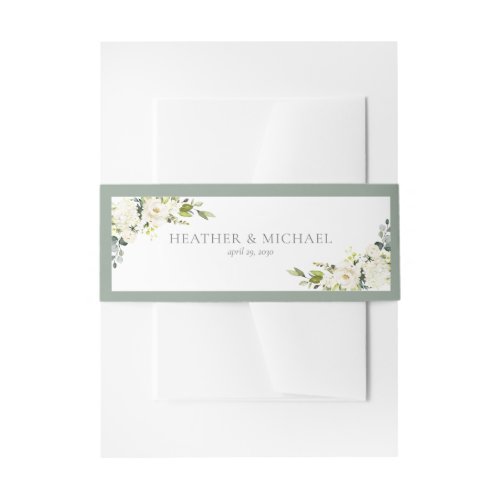 White Gray Green Floral Watercolor Wedding Invitat Invitation Belly Band