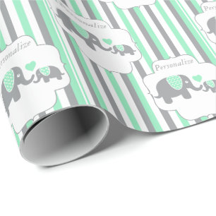 White, Gray & Green Stripe Elephants Baby Shower Wrapping Paper