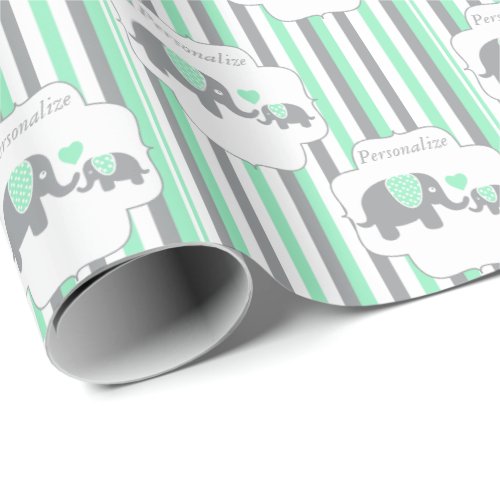 White Gray  Green Stripe Elephants Baby Shower Wrapping Paper