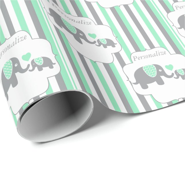White, Gray & Green Stripe Elephants Baby Shower Wrapping Paper (Roll Corner)
