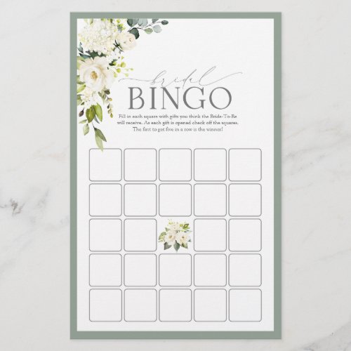 White Gray Green Watercolor Bridal Bingo Game