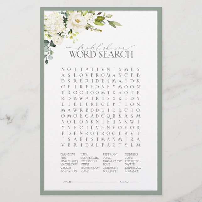 White Gray Green Watercolor Bridal Shower Game (Front)