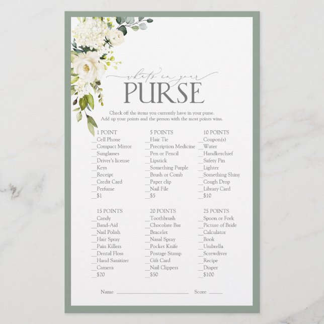 White Gray Green Watercolor Bridal Shower Game (Front)