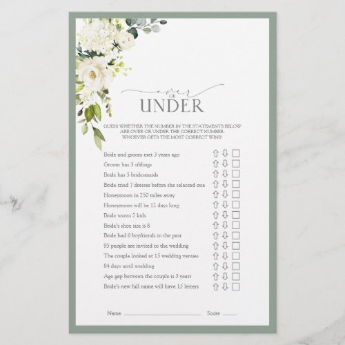 White Gray Green Watercolor Bridal Shower Game