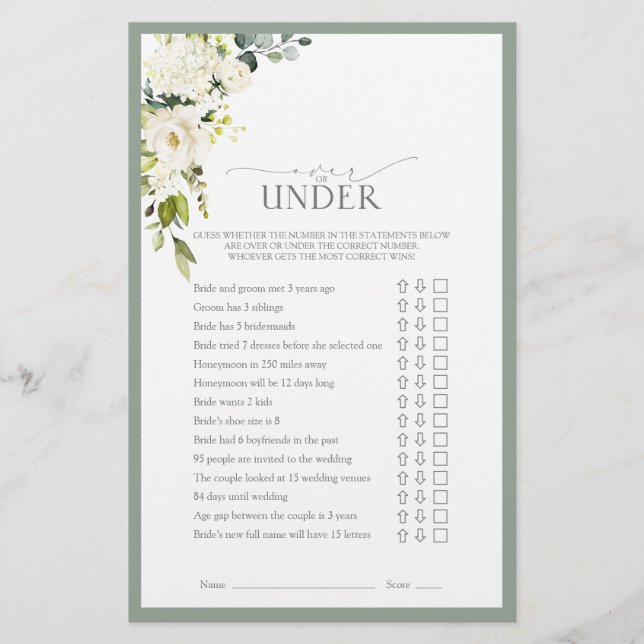 White Gray Green Watercolor Bridal Shower Game (Front)