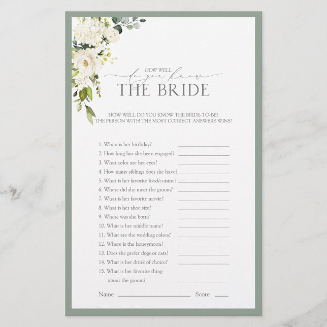 White Gray Green Watercolor Bridal Shower Game (Front)