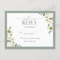 White Gray Green Watercolor Floral Wedding RSVP