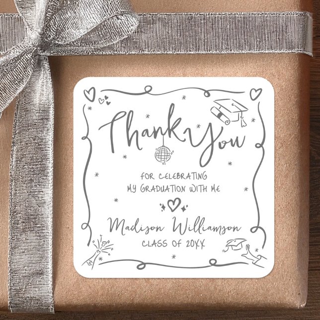 White Gray Hand Drawn Doodle Graduation Thank You Square Sticker (Creator Uploaded)