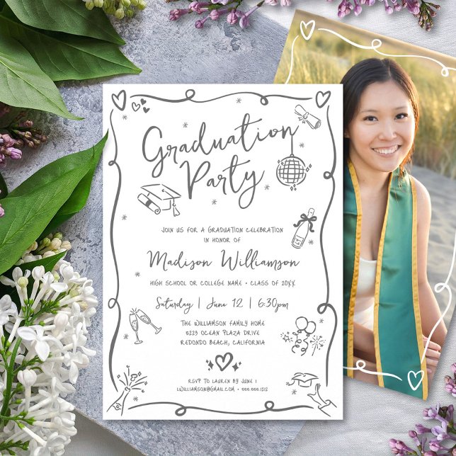 White Gray Hand Drawn Doodle Photo Graduate Party Invitation (Creator Uploaded)
