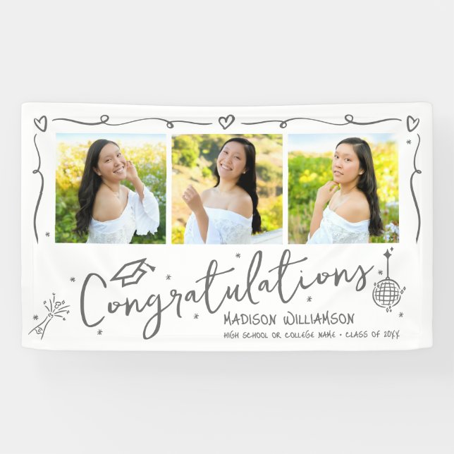 White Gray Hand Drawn Doodles Graduation 3 Photo Banner (Horizontal)