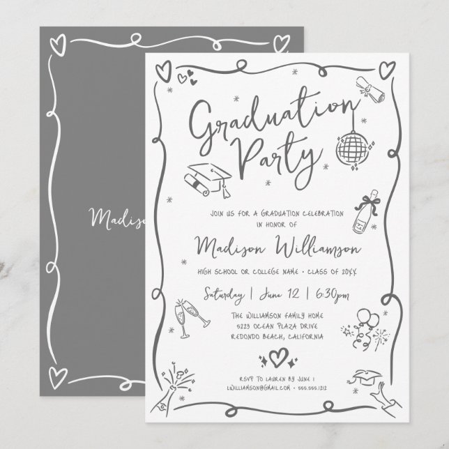 White Gray Hand Drawn Doodles Graduation Fun Party Invitation (Front/Back)