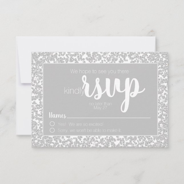 White Gray Informal Diamond Glitter Wedding RSVP Card (Front)