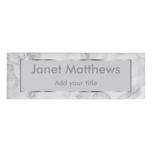 White  Gray Marble and Silver Texture Design Name Tag