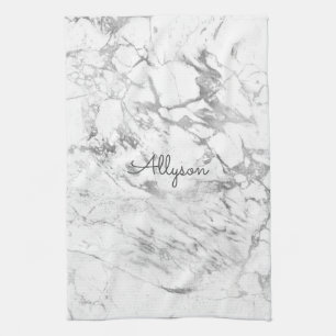White & Gray Marble DIY Dark Gray Name or Monogram Kitchen Towel