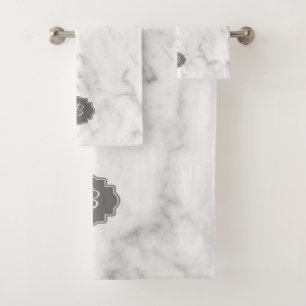 White & Gray Marble Monogram Bath Towel Set