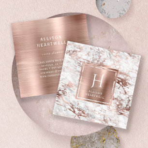 White Gray Marble Rose Gold Brushed Foil Monogram Square Business Card