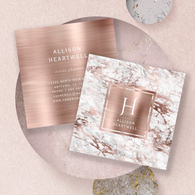 White Gray Marble Rose Gold Brushed Foil Monogram Square Business Card (Creator Uploaded)