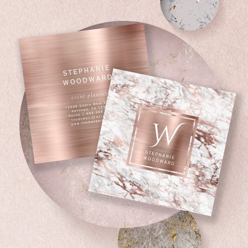 White Gray Marble Rose Gold Brushed Foil Monogram Square Business Card