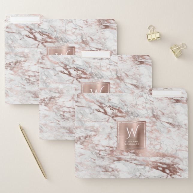 White Gray Marble Rose Gold Monogram File Folder (Set)