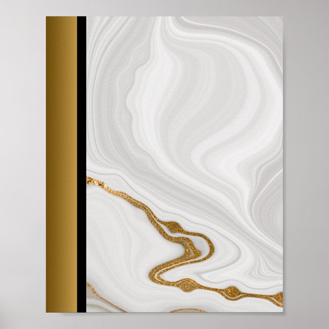 White Gray Marble Stone / Black Gold Border Art Poster (Front)
