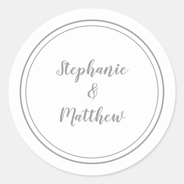 White & Gray Minimalist Wedding Bride Groom Favor Classic Round Sticker (Front)