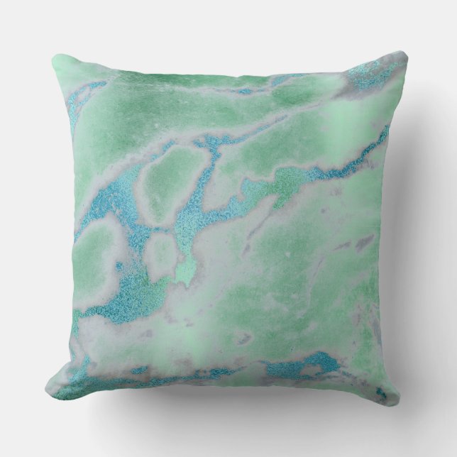 White Gray Mint Green Ocean Blue Gold VIP Marble Throw Pillow (Front)